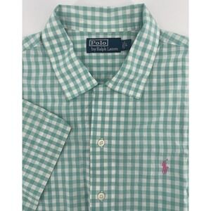 Polo Ralph Lauren Men's Green Gingham Short Sleeve Large Shirt Preppy Casual